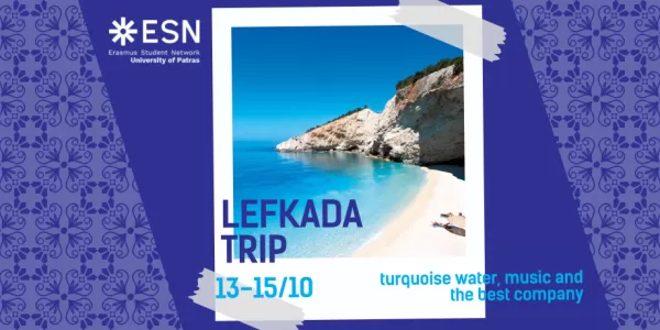 Announcement for the Trip, there is a picture of Lefkada island that shows a rocky beach and the background has a light and dark blue pattern with flower shapes