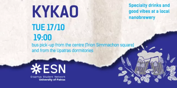 Announcement for the visit to KYKAO brewery. There is a torn piece of paper on a blue background and on one side 2 glasses of beer and some hops arround them.