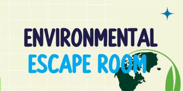 Banner saying "Environmental Escape Room" in blue letters and clipart of people with puzzle pieces saying "Book now"