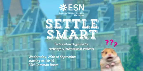 Image with the text "Settle Smart - Technical and legal aid for  exchange & international students", event date, time, and location