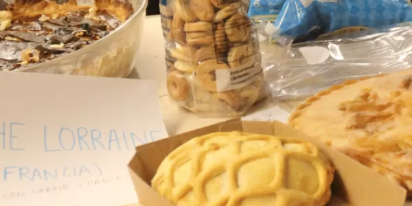 Some food that was brought to the international dinner. In the picture: quiche Lorraine, from France