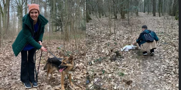 a collage of people with dogs on a walk in the forest