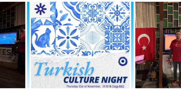 Collage of pictures taken during the Turkish Culture Night: MO presenting, food served etc.