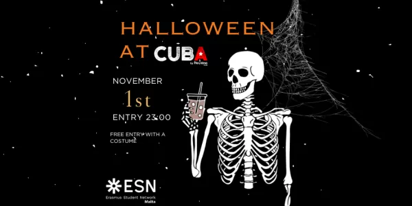 Poster for a halloween party with a skeleton on it