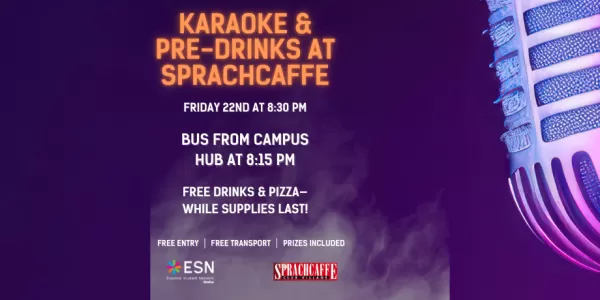 Poster for karaoke and pre-drinks at sprachcaffe