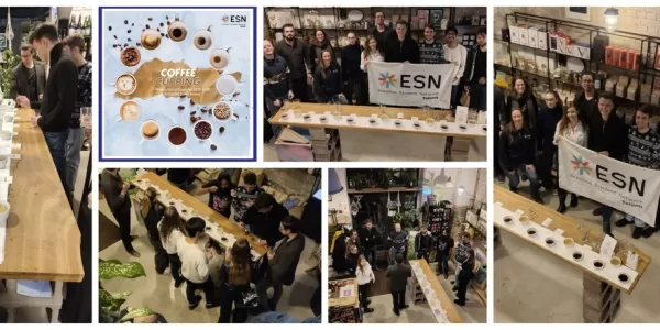 Collage from the pictures taken during the event: participants tasting coffee and posing with ESN Tallinn flag.