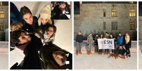 Participants with ESN Tallinn flag on the ice rink