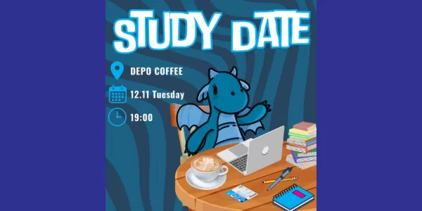 The event announcement photo which features the section's mascot sitting on a table with a laptop, cup of coffee, and other study essentials.