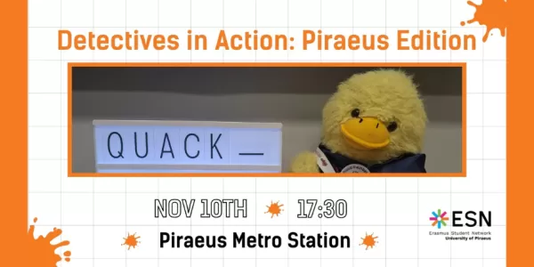 Our duck mascot next to a sign that says "Quack". Details of the event meeting spot can be seen at the bottom.