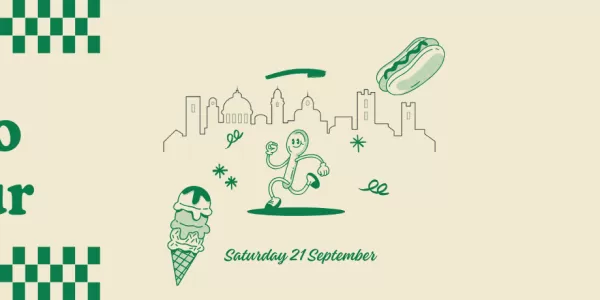 Image in green and white colors. Title: Bergamo City tour. ESN Bergamo logo and a little drawing of Città Alta, Stracciatella ice cream and some funny symbols.