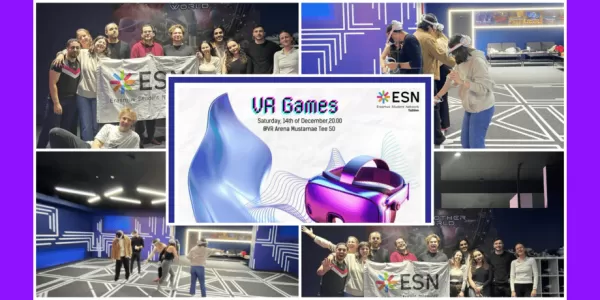 Collage from the pictures of the event. Participants playing VR games and posing with ESN Tallinn flag