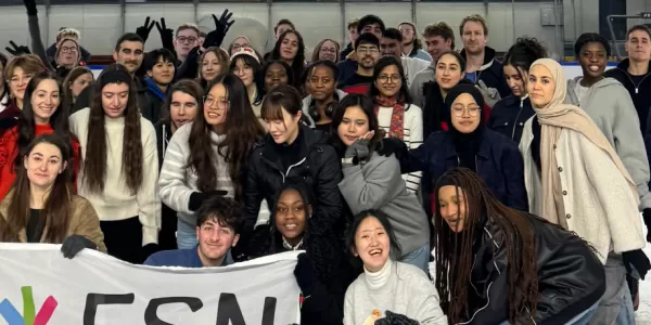 International students on the ice rink.