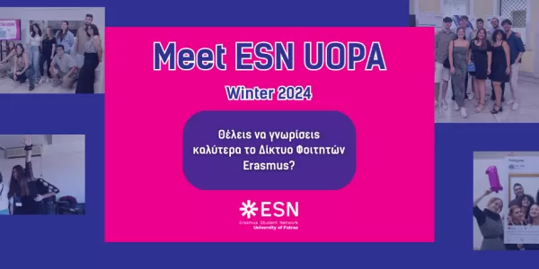 group pictures of the previous events and members of ESN UOPA and in the center the announcement of the MEet ESN