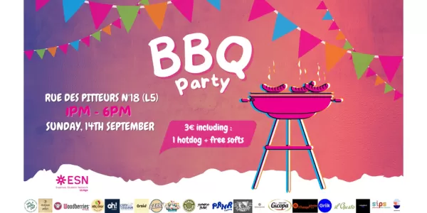 A barbecue is grilling sausages, there are some colorful party flags and the image shows informations about the event such as place, time and price