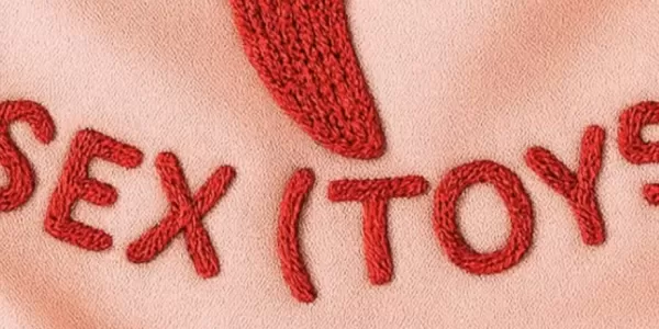 Sex(toys) written in red on light pink silk background.