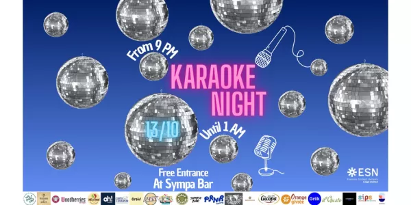 Disco balls are hanging and shining, the image says "karaoke night" and shows informations about the event such as time and place