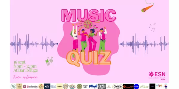 Cartoon people are dancing with music in the air, the image shows informations about the event such as time and place