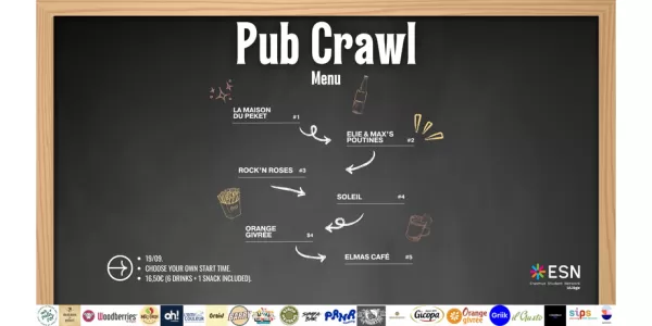 The image replicates a restaurant's menu, with the 6 different locations, it also shows informations about the event such as time, place and price