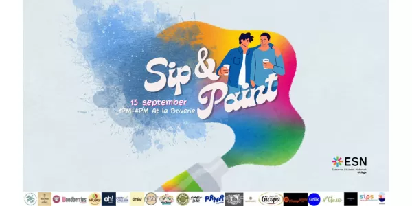 A brush is painting some colors, the image shows informations about the event such place, time and price.