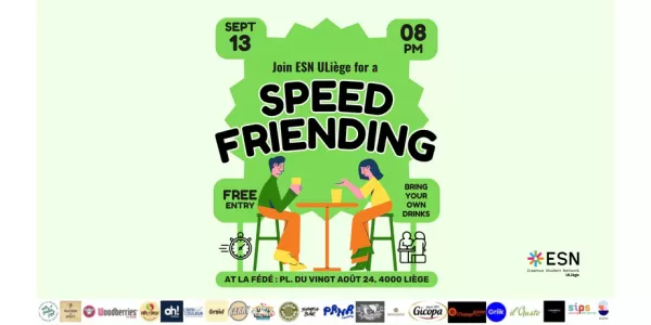 Cartoon illustration of two people chatting at a table, its show the informations of the event such as place and time