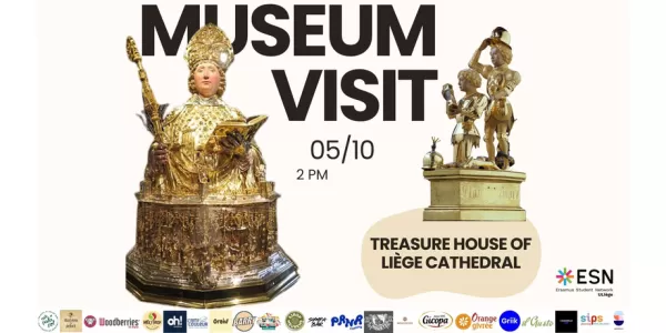 The image show a golden statue that is the treasure of the cathedral, as well as informations about the event such as time and place