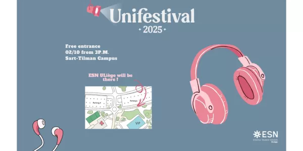 The image shows headphones, it says "Unifestival" and shows informations about the event such as time, place, and how to find the ESN bar into the festival