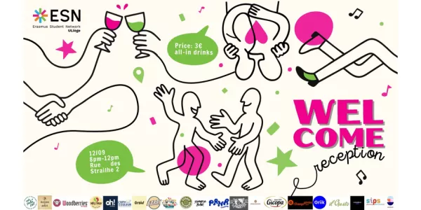 Colorful image with two silhouettes dancing, it says "Welcome Reception" with the informations of the event such as place, time and price