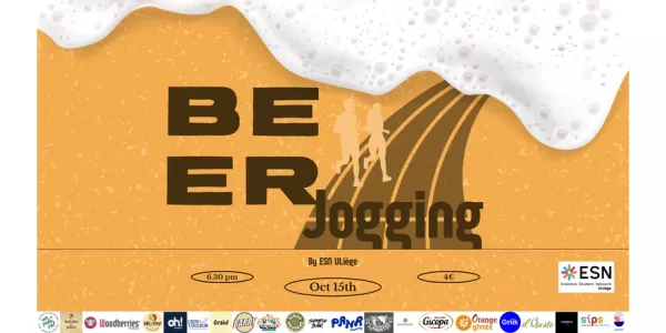 The image is a mix between run tracks and a glass of beer, it shows informations about the event such as time, place and price