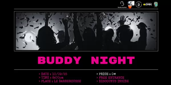 informations about the buddy night with a picture of people enjoying themself