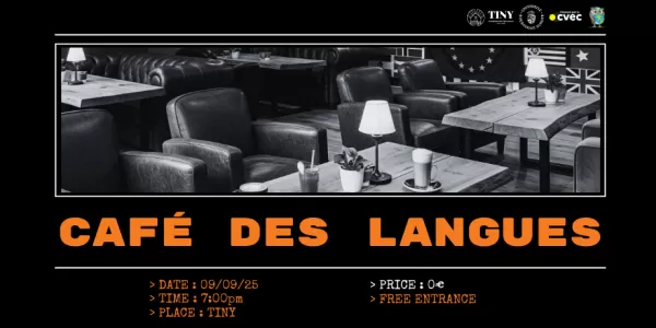 informations about the café des langues with a picture of a quiet bar