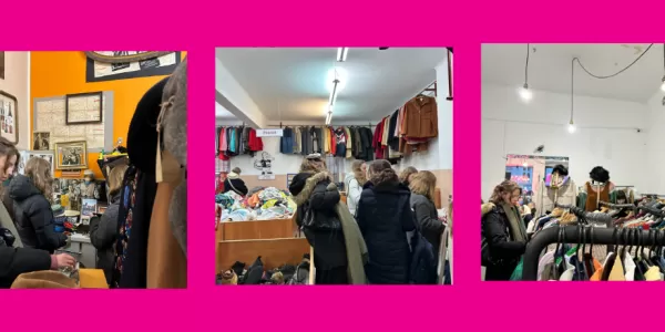 Promotional banner for the "Second Hand Crawl". The graphic features four photographs: three interior shots showing students browsing racks of clothes inside brightly lit thrift stores, and one exterior shot showing a large group of students posing together outdoors in a city square.