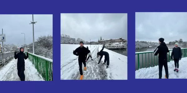 Promotional banner for the "RUN CLUB ESN UJ" event on 23.11.2025. The graphic features four adjacent photographs showing a group of students running and exercising outdoors in the snow along a river and city path.