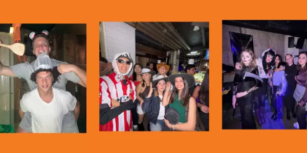 Collage with four pictures taken in a pub with people smiling and posing while dressed up following a Halloween theme