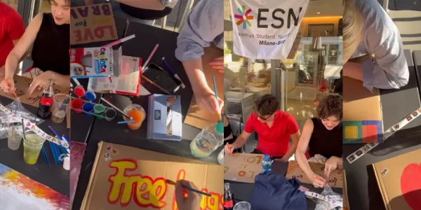 pictures taken during the poster making session showing Erasmus students and ESN volunteers creating their posters for Milano Pride 2025