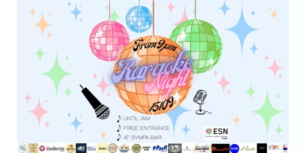 Colorful disco balls are hanging and shining, the image says "karaoke night" and shows informations about the event such as time and place