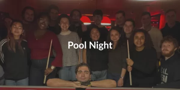A group of young adults gather around a pool table, smiling and holding cues. The setting is dimly lit with a warm atmosphere. Text reads "Pool Night" with the ESN TU Dublin logo.