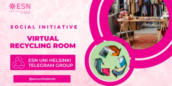 Event template with pictures of furniture and clothes on top and a recycling symbol below