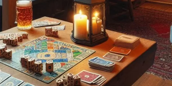 AI image of a board game evening in a hut in winter.