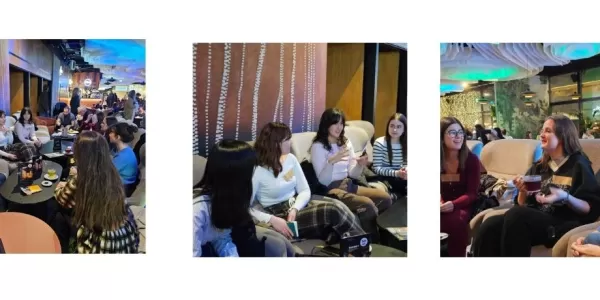The graphic features four adjacent interior photographs showing a group of students sitting comfortably on couches in a warmly lit, modern cafe, engaged in conversation.