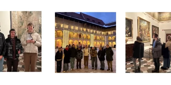 The graphic features four photographs: interior shots showing students inside the richly decorated Royal Chambers with tapestries and paintings, and two shots showing the group posing together on the historic Wawel courtyard and outside the castle.