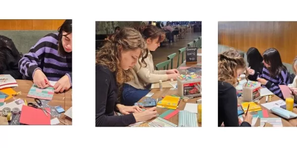 The graphic features four photographs: three show groups of students sitting around a table, actively cutting, gluing, and decorating handmade birthday cards with colorful supplies. The fourth, close-up photo shows several completed, highly decorated cards.
