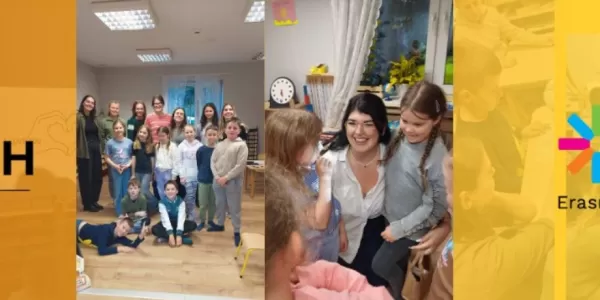 The graphic features three sections: the first shows the 4English logo and text "Szkoła Językowa," the second shows a large group photo of young pupils and Erasmus volunteers smiling in a classroom setting, and the third shows a close-up of a woman warmly interacting with children.