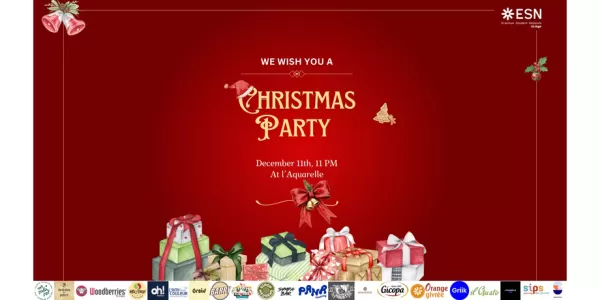 The image shows the text "Christmas party" with drawings of gifts, it also show informations about the event such as time and place