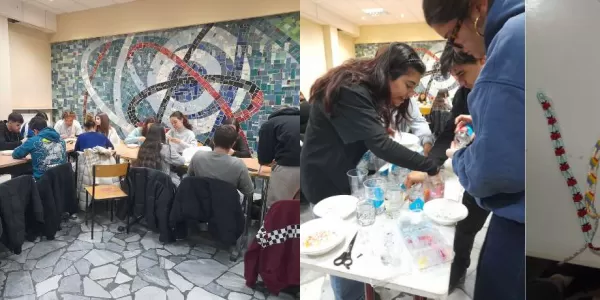 The photo shows students and bracelets made by them