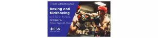 Players wearing helmets and boxing gloves doing boxing, accompanied by the title, date and location of the event.