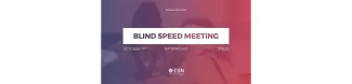 A photo of two blindfolded people, a pink filter over it. On top of the image, there is text. From top to bottom: Sign up required, Blind Speed Meeting, October 17th, Património, 21h30,  ESN Aveiro logo. 