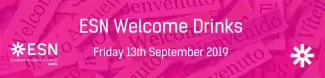 Banner displays the text "ESN Welcome Drinks" and the date Friday 13th September 2019.