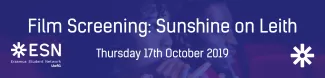 Image displays text "Film Screening: Sunshine on Leith" with the date Thursday 17th October 2019.