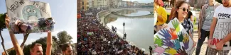 People on the river bank taking part in the strike and our posters