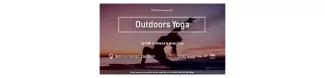 Doing yoga outdoors, accompanied by the title, date and location of the event